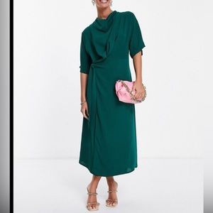 ASOS DESIGN COWL NECK MIDI DRESS WITH WRAP SKIRT IN FOREST GREEN